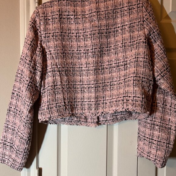 Women's Pink Tweed Cropped Jacket with Rhinestone Buttons - Medium - Picture 2 of 3